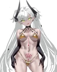 1girls :q absurdres alternate_costume ass_visible_through_thighs bare_shoulders bikini body_markings breasts chest_tattoo cleavage collarbone covered_nipples covered_pussy das_(dan_dan) demon_girl demon_horns ear_piercing fate/grand_order fate_(series) female female female_only gold_bikini green_eyes grey_hair highres horns licking_lips lilith_(fate) long_hair looking_at_viewer medium_breasts naughty_face navel partially_visible_vulva piercing pointy_ears pubic_tattoo sideboob skindentation smile solo stomach swimsuit tattoo thighs tongue tongue_out twintails underboob very_long_hair white_background
