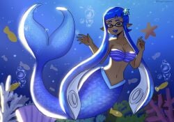 1girls 2d_(artwork) cleavage dark-skinned_female dark_skin digital_drawing_(artwork) digital_media_(artwork) female female_focus female_only fish inkling inkling_girl looking_at_viewer mermaid mermaid_tail navel ocean shayshayshamera splatoon splatoon_3 swimming twitter_link twitter_username underwater watermark