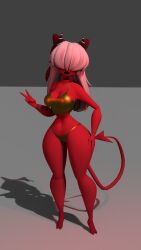 3d black_lipstick blender choker demon_tail gold_bikini hair_covering_eyes hand_on_hip horns red_skin tail v_sign vrchat_model white_hair zera_(pogchampion019)