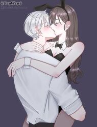 1boy 1boy1girl 1girls bare_shoulders black_bow black_leotard bow bowtie bunny_ears bunny_girl bunnysuit closed_eyes clothed clothing collared_shirt dennis(lhms) female hugging jaki kissing lhms long_hair male pantyhose playboy_bunny simple_background straight wendy(lhms) white_hair white_shirt