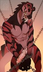 1boy 1cassius1 abs amber_eyes anthro belly_button bodily_fluids bound chained chains digital_drawing_(artwork) digital_media_(artwork) dinosaur erection front_view genital_fluids genitals hi_res knot looking_at_viewer male naked navel nude nude_male open_mouth original original_character penis precum prehistoric_species reptile saliva saliva_drip scalie simple_background solo standing stomach teeth tongue tongue_out