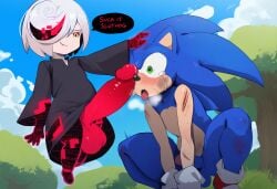 1boy 1futa ai_generated anthro artificial_intelligence blue_fur cock_shock dirty dominant_futanari english english_text evil_grin female furry furry_male futa_is_bigger futa_on_male futadom futanari hair_over_one_eye hedgehog imminent_oral injury insult intersex large_balls large_penis male penis penis_on_face sage_(sonic_frontiers) scratches sonic_(series) sonic_frontiers sonic_the_hedgehog sonic_the_hedgehog_(series) squatting surprised tears text tongue_out