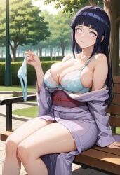 ai_generated big_breasts bra breasts clothed holding_panties hyuuga_hinata illustrious_(stable_diffusion) kimono knees_together looking_at_viewer naruto public self_upload sitting stable_diffusion