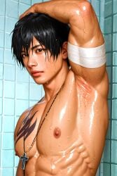 3d ai ai_art ai_assisted ai_generated arm_bandages armpit_fetish armpit_focus armpits bandage chest_tattoo cosplay fairy_tail gay gray_fullbuster male male_focus male_only necklace showing_armpits solo_male sweat sweatdrop sweaty sweaty_body