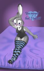 2017 absurd_res anthro bed bedroom bedroom_eyes blush breasts clothed clothing collar colored cum cum_on_clothing cum_on_feet digital_media_(artwork) disney english_text erect_nipples erect_nipples_under_clothes female foot_fetish footjob fur half-closed_eyes hi_res implied_footjob judy_hopps lagomorph legwear lingerie looking_at_viewer mammal mrponeswildride navel on_bed panties seductive shirt sitting sitting_on_bed smile socks solo stockings striped_legwear striped_socks stripes tank_top text toes underwear zootopia