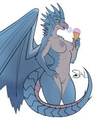 anthro breasts capcom dessert elder_dragon female food genitals hi_res horn ice_cream monster_hunter pussy salandile scales scalie simple_background solo tail velkhana wings