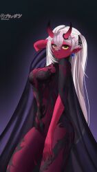 akumi arm_at_side artist_name ass breasts cape closed_mouth cowboy_shot dress earrings female fingernails hair_between_eyes hair_ribbon horns jewelry large_breasts long_hair looking_at_viewer nail_polish oni_horns pointy_ears red_skin ribbon side_slit signature silver_hair simple_background solo standing vyugen white_hair yellow_eyes