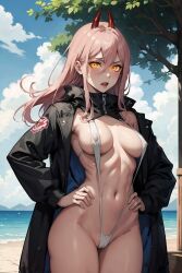ai_generated arms_on_waist beach horns pink_hair power_(chainsaw_man) sling_bikini trenchcoat