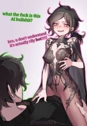 1boy andrew_graves ashley_graves black_hair breasts chronopattern_dress cowgirl_position english_text erroten female highres incest looking_at_another navel patterned_clothing pink_eyes ponytail pussy siblings the_coffin_of_andy_and_leyley twitter_username