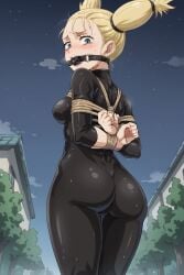 ai_generated arms_behind_back ass ass_up ball_gag blonde_hair blue_eyes blush bondage drooling jujutsu_kaisen latex latex_bodysuit latex_suit looking_at_viewer looking_back looking_back_at_viewer medium_ass medium_breasts momo_nishimiya nishimiya_momo on_street petite sano-br_style slender small_ass small_breasts stable_diffusion sweat tagme tied_up