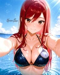 2025 ai_generated anime anime_style beach blue_bikini blue_bra clouds crunchyroll erza_scarlet fairy_tail instagram kiriri_channn manga meta not_porn ocean orange_cheeks red_eyebrows sky_background standing_on_water water wet_bikini wet_body wet_hair wet_skin yellow_eyes