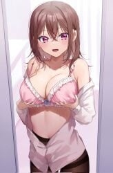 1girls bare_shoulders black_pantyhose blush bra breast_lift breasts brown_hair chigusa_minori cleavage collarbone commentary_request corrupted_twitter_file cowboy_shot crossed_bangs female high-waist_pantyhose highres indoors kokoro_iroduku_koi_ga_shitai large_breasts long_sleeves looking_at_viewer medium_hair mole momose_akari nail_polish navel off_shoulder pantyhose parted_lips partially_unbuttoned pink_bra pink_nails purple_eyes shirt smile solo standing underwear white_shirt