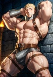 against_wall ai_generated armor ass ass bara big_ass big_biceps big_butt big_pecs bubble_ass bulge chainmail delicious_in_dungeon dungeon_meshi hands_behind_head harness laios_touden leaning_against_wall male male_focus male_only man_boobs muscles muscular_arms muscular_legs muscular_male muscular_thighs obliques revealing_clothes revealing_outfit skimpy_armor wink yaoi