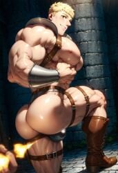 ai_generated arm_up armor ass ass_focus bara big_ass big_biceps big_butt big_pecs bubble_ass bubble_butt bulge butt_focus chainmail delicious_in_dungeon dungeon_meshi harness jockstrap laios_touden looking_at_viewer looking_back looking_back_at_viewer looking_over_shoulder male male_focus male_only man_boobs muscles muscular_arms muscular_legs muscular_male muscular_thighs obliques one_leg_up revealing_clothes revealing_outfit skimpy_armor smiling yaoi