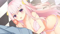 1boy ahoge anata_ni_koi_suru_ren'ai_recette bow bra breasts censored checkered checkered_floor cleavage dutch_angle eyebrows_visible_through_hair fellatio female game_cg hairbow komeshiro_kasu large_breasts long_hair mosaic_censoring navel oral panties penis penis_grab pink_bra pink_eyes pink_hair pink_panties precum sidelocks straight strap_slip tachibana_nonoka tongue tongue_out two_side_up underwear underwear_only