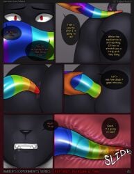 anal anal_sex anthro anus bald big_dildo black_body black_fur black_nose bodily_fluids clenched_teeth collar colored_nails comic digital_media_(artwork) dildo duo eliana-asato english_text felid feline fur hi_res internal internal_anal jen_(eliana-asato) long_dildo long_nails lynx male mammal matt_(eliana-asato) nails pantherine penetration pink_nail_polish pink_nails rainbow_dildo red_eyes saliva sex_toy speech_bubble teeth text