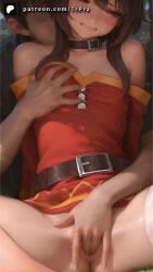 ai_generated bottomless breast_grab breasts brown_hair embarrassed faceless_male female female_focus fingering groping kono_subarashii_sekai_ni_shukufuku_wo! megumin off_shoulder pussy small_breasts spread_legs trembling trugprz
