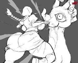 action_pose action_scene back_view bleach bleach:_the_thousand-year_blood_war braided_ponytail charging_energy demonroyal huge_ass huge_breasts huge_thighs kimono kurotsuchi_nemu pernida_parnkgjas_(bleach) sketch wip work_in_progress