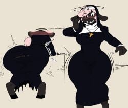 anthro ass big_breasts big_butt blush bovid breasts caprine clothing cross cross_necklace ejaculation entropy_(artist) ewe female jewelry mammal necklace nun nun_habit nun_outfit religious_clothing sheep solo