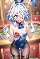 ai_generated breasts bunny_ears bunnysuit casino_table casino_tokens embarrassed_female female furina_(genshin_impact) gambling genshin_impact one_breast_out raaicave shoulders small_breasts white_hair