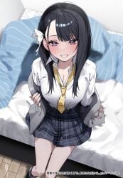 1girls asymmetrical_bangs black_hair black_socks blue_eyes blue_skirt blush breasts chigusa_minori cleavage clenched_teeth collared_shirt commentary_request cover cover_image dress_shirt grey_jacket highres jacket kneehighs kore_wa_akumade_mamagoto_dakara. long_hair looking_at_viewer necktie novel_illustration off_shoulder official_art on_bed open_clothes open_jacket plaid_clothes plaid_skirt pleated_skirt school_uniform shinku_(kore_wa_akumade_mamagoto_dakara) shirt sitting skirt smile socks solo sweatdrop teeth translation_request white_shirt yellow_necktie