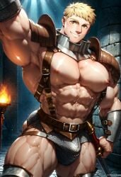 ai_generated arm_up armor ass bara big_ass big_biceps big_butt big_pecs bubble_ass bulge chainmail delicious_in_dungeon dungeon_meshi harness laios_touden looking_at_viewer male male_focus male_only man_boobs muscles muscular_arms muscular_legs muscular_male muscular_thighs obliques revealing_clothes revealing_outfit skimpy_armor smiling yaoi