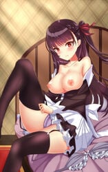 black_legwear blush bra bra_removed breasts cameltoe female frills garter_straps gatchapowa girls'_frontline hair_ribbon large_breasts looking_at_viewer maid on_bed panties purple_hair purple_panties putting_on_legwear red_eyes red_ribbon ribbon side_ponytail thighhighs underwear wa2000_(girls'_frontline)