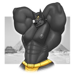 1boy anthro anthro_male anubis black_and_white_background black_body black_fur egyptian_mythology flexing flexing_muscles furry furry_male gold_jewelry golden_clothes golden_clothing looking_at_viewer male male_anthro muscles muscular muscular_anthro muscular_male pants pants_on pants_only showing_off solard0gg0 solo solo_anthro solo_male watermark