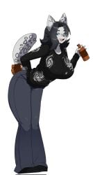 animal_ears animal_tail beer big_breasts big_thighs big_titties black_hair blue_eyes clothing curvaceous curvaceous_female curvaceous_figure curvy curvy_figure curvy_hips female female_focus female_only furry furry_female furry_only grey_fur looking_at_viewer original original_character short_hair wozzu1