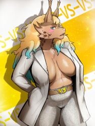 2025 absurd_res anthro belly belt benedetta_versus big_breasts blonde_hair blue_eyes breasts clothed clothing digital_media_(artwork) exposed_chest felid feline female flare_pants fluffyyutyrannus fur hair hi_res huge_breasts long_hair looking_at_viewer lynx mammal markings no_bra partially_exposed_breasts side_boob solo spots spotted_body spotted_fur suit suit_jacket the_art_class