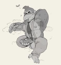 anthro ape armpit_hair autofootjob balls belly biped bodily_fluids body_hair clothed clothing dialogue donkey_kong_(character) donkey_kong_(series) donkey_kong_bananza erection feet foot_fetish foot_play footjob foreskin genitals gorilla haplorhine hi_res humanoid_genitalia humanoid_penis looking_at_viewer male mammal masculine_male masturbation musclegut muscular muscular_anthro muscular_male necktie nintendo nipples overweight overweight_anthro overweight_male partially_clothed penile penile_masturbation penis prehensile_feet prehensile_footjob primate pubes sex solo steam stinkdierr suspenders sweat toes tongue tongue_out uncircumcised