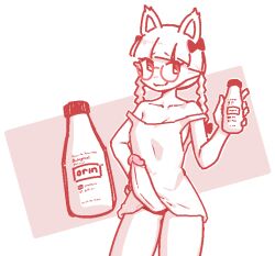 animal_ears beverage big_penis bottle dress erection futanari glasses hair_ribbon intersex liveactors nervous_smile penis pointy_ears twin_braids