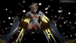 3d blonde_hair breasts clipping female female_only looking_at_viewer mechanical_halo mechanical_wings mercy nude overwatch pussy silsil solo