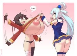 2girls alternate_breast_size aqua_(konosuba) areolae ass ass_vs_breasts big_areola black_panties blue_eyes blue_hair blush borvar breast_expansion breasts breasts_bigger_than_head breasts_bigger_than_torso brown_hair embarrassed female female_only gigantic_breasts gloves hair_ornament huge_ass kono_subarashii_sekai_ni_shukufuku_wo! long_hair medium_breasts megumin multiple_girls nipple_bulge nipples panties red_eyes shirt_lift smug standing tears tight_fit top_heavy undressing_another