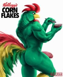 2025 anthro arm_tuft ass avian back_muscles bedroom_eyes biceps bird bubble_butt cereal cereal_bowl cereal_mascot chicken cornelius_(kellogg's) cutlery deltoids erection feather_hair feathers food forearm_muscles foreskin galliform gallus_(genus) genitals green_body green_feathers grin hi_res holding_object humanoid_genitalia humanoid_penis kaijurah kellogg's kitchen_utensils knee_up looking_at_viewer looking_back male muscular muscular_arms muscular_legs muscular_thighs narrowed_eyes nude penis phasianid pseudo_hair rear_view red_body red_feathers seductive shoulder_tuft simple_background smile solo spoon text thick_thighs tools triceps tuft vein veiny_penis white_background yellow_body yellow_feathers