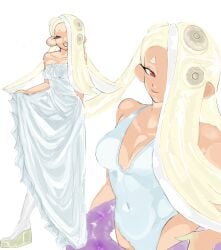 1girls alternate_hair_color big_breasts breasts cleavage covered_navel dress female lewa_nn long_hair looking_at_viewer octoling octoling_girl red_eyes shiver_(splatoon) solo splatfest splatoon splatoon_3 swim_ring swimsuit tentacle_hair white_dress white_hair white_swimsuit