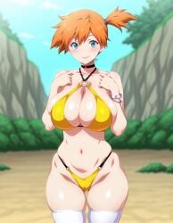 ai_generated ass_visible_through_thighs bare_shoulders bikini blue_eyes blush bracelet breasts choker cleavage closed_mouth cowboy_shot curvy female halterneck hands_up highleg huge_breasts kasumi_(pokemon) large_breasts lips looking_at_viewer navel o-ring o-ring_bikini orange_hair pale_skin pokemon short_ponytail side_ponytail skindentation smile solo standing swimsuit thick_thighs thighhighs thighs uncensored veiny_breasts wide_hips yellow_bikini