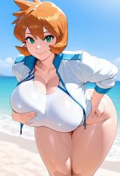 ai_generated alternate_breast_size bangs beach bikini blue_sky blush breasts clavicle cleavage closed_mouth clothing cloud collarbone competition_swimsuit curvaceous curvy day female female_only green_eyes huge_breasts jacket kasumi_(pokemon) large_breasts leaning_forward legs long_sleeves looking_at_viewer misty_(pokemon_hgss) navel ocean one-piece_swimsuit open_clothes open_jacket orange_hair outdoors pokemon pokemon_(anime) pokemon_(classic_anime) pokemon_(game) pokemon_species ponytail shiny_skin shirt short_hair shorts sky smile solo standing swimsuit thick_thighs thighs water white_jacket white_one-piece_swimsuit white_shirt white_swimsuit wide_hips