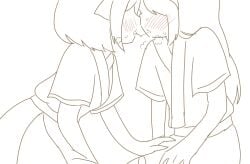 2girls ainu_clothes blush breasts female female_only french_kiss hair_ribbon hand_on_another's_leg hand_on_another's_thigh heavy_breathing highres kissing legs long_hair monochrome multiple_girls nakoruru open_mouth pants ribbon rimururu saliva saliva_trail samurai_shodown short_hair siblings sisters sitting sketch small_breasts snk thighs tongue tongue_out