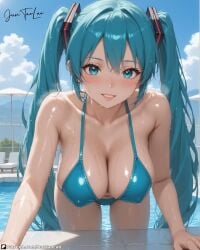 2025 ai_generated anime_style blue_bikini blue_eyebrows blue_eyes blue_hair hatsune_miku huntaolao instagram looking_at_viewer meta not_porn orange_cheeks patreon pool smile_at_viewer smiling_at_viewer teeth_showing vocaloid wet_bikini wet_body wet_skin