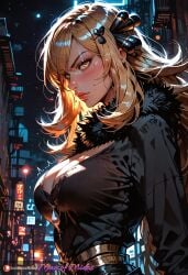 ai_generated belt black_shirt blonde_hair bra_visible_through_clothes cleavage cynthia_(pokemon) large_breasts makeup manofmidas pokemon pokemon_oras pokemon_rse sideboob yellow_eyes