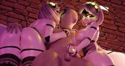 1boy 2girls 3d absurdres anon cum disassembly_drone female handjob highres human makeout male male/female murder_drones non-web_source serial_designation_v sex small_penis_adoration twins v_(murder_drones)
