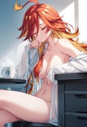 ai_generated breasts closed_eyes coffee_mug daytime genshin_impact mavuika_(genshin_impact) naked naked_female napping natlan_girls orange_hair raaicave saggy_breasts shoulders thighs