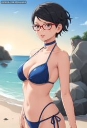 ai_generated bangs bare_shoulders beach bikini black_eyes black_hair blue_bikini blue_choker boruto:_naruto_next_generations boruto:_two_blue_vortex breasts choker cleavage collarbone cowboy_shot dandanhub day female glasses large_breasts lips looking_at_viewer medium_breasts naruto naruto_(series) naruto_shippuden navel ocean outdoors parted_lips red-framed_eyewear rock sarada_uchiha short_hair side-tie_bikini_bottom skindentation sky solo string_bikini swimsuit water