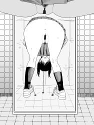 anus ass bar_censor censored chains chainsaw_man female female_pubic_hair fujimoto_tatsuki_(style) greyscale highres kneehighs low_twintails mirror mitaka_asa monochrome nanami_toga pubic_hair pussy pussy_juice reflection restrained socks solo tile_floor tile_wall tiles twintails