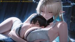 2025 ai ai_assisted ai_generated anime anime_style artist_name between_breasts blonde_hair breasts dreamyan_ai fleurdelys_(wuthering_waves) hi_res high_quality high_resolution highres horn huge_breasts long_hair patreon seductive seductive_eyes seductive_look seductive_pose seductive_smile size_difference taller_girl thick_ass thick_thighs thighs uncensored wuthering_waves