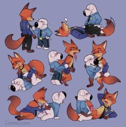anal anal_sex anonpupb anthro badge blush blush_lines bodily_fluids breath brian_griffin bulge carrying_another clothing disney doggy_style duo family_guy from_behind_position genitals hand_on_head hi_res holding_head lying male male/male necktie nick_wilde on_back oral penetration penis police police_badge police_officer police_uniform rimming sex sweat tagme tail tail_motion tailwag tenting tongue tongue_out uniform versatile zootopia