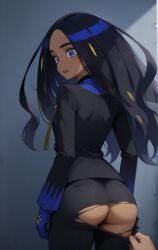 1boy 1girls ai_generated ass black_hair black_jacket black_pants blue_gloves cowboy_shot exposed_ass from_behind geeta_(pokemon) gloves looking_back male_pov multicolored_hair no_panties open_mouth pants pokemon pokemon_sv ripped_pants teeth torn_clothes torn_pants upper_body