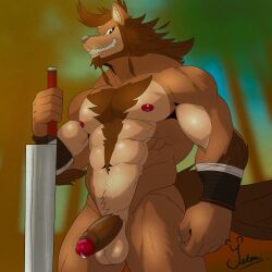1:1 abs anthro areola beard biceps big_muscles bodily_fluids body_hair brown_hair bulge canid canine canis chest_hair digital_media_(artwork) dripping erection facial_hair fur genital_fluids genitals hair hi_res holding_melee_weapon holding_object holding_sword holding_weapon leaking_precum looking_at_viewer male mammal melee_weapon muscular muscular_anthro muscular_male navel nipples nude pecs penis precum precum_drip re:zero ricardo_welkin smile solo standing sword tail teeth weapon wolf yetsu