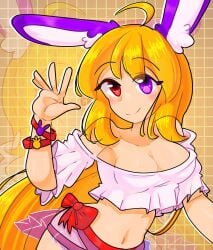 1girls ahoge barely_contained_breasts blonde_female blonde_hair bow bracelet bracelets breasts bunny_ears chica_(chicabonbon) chicabonbon cleavage female female_only heterochromia long_hair looking_at_viewer midriff rabbit_ears twitter twitter_user_oc twitter_user_sona waving_at_viewer